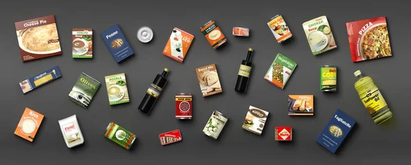 Collectie van verpakte levensmiddelen op grijze achtergrond. 3D illustratie — Stockfoto