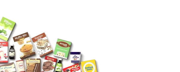 Beyaz arka plan üzerinde çeşitli tatlılar ürünleri. 3D çizim — Stok fotoğraf