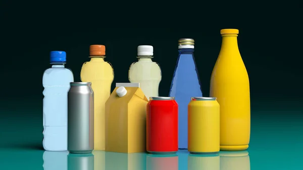 Uppsättning drycker produkter på grön blå yta. 3D illustration — Stockfoto