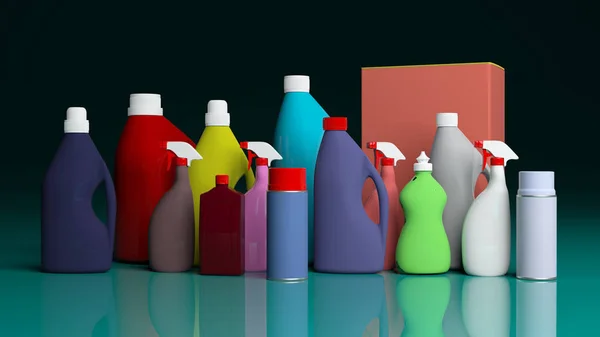 Σύνολο προϊόντων καθαρισμού για πράσινο γαλάζιο πίνακα. 3D απεικόνιση — Φωτογραφία Αρχείου