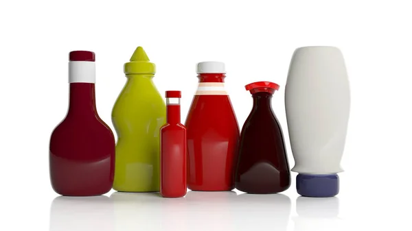 Reihe von Sauce-Produkten auf weißem Hintergrund. 3D-Illustration — Stockfoto