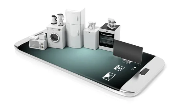 Domácí spotřebiče na smartphone - bílé pozadí. 3D obrázek — Stock fotografie