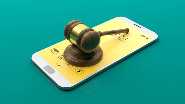 Σφυρί δικαστή σε ένα smartphone. 3D απεικόνιση — Φωτογραφία Αρχείου
