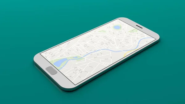 Smartphone - map on the screen, green background. 3d illustration — Stock Photo, Image