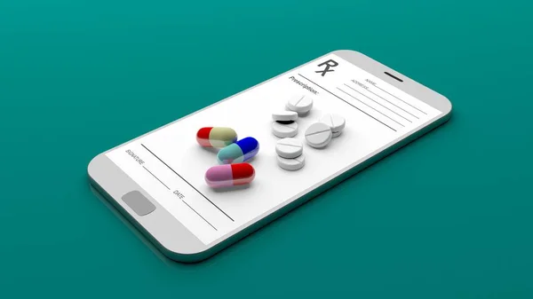 Pillole e prescrizione su smartphone. Illustrazione 3d — Foto Stock