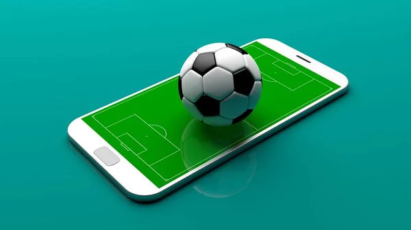 Pallone da calcio sullo schermo di uno smartphone. Illustrazione 3d — Foto Stock