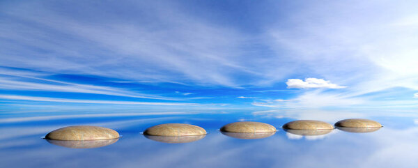 Zen stones on a blue sky and sea background. 3d illustration
