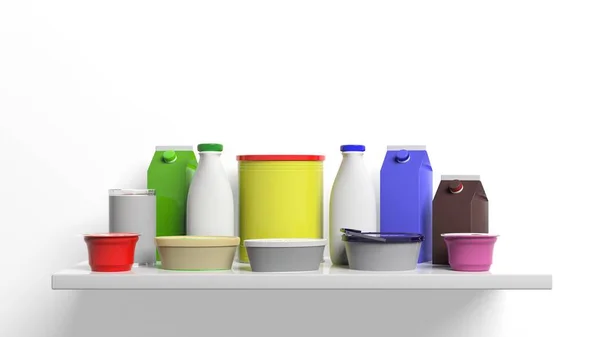 Grupo de produtos de leite em uma prateleira. ilustração 3d — Fotografia de Stock