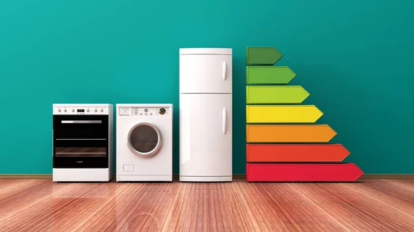 Home appliances and energy efficiency rating. 3d illustration — Stock Photo, Image