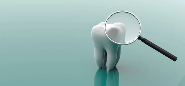 Dente e lupa sobre fundo verde. ilustração 3d — Fotografia de Stock