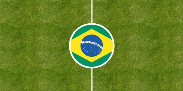 Brazil flag on a soccer field center — Stock Photo, Image