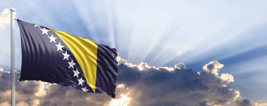 Bosna-Hersek bayrağı mavi gökyüzü. 3D çizim