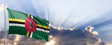 Dominika bayrağı mavi gökyüzü. 3D çizim