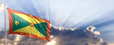 Grenada bayrağı mavi gökyüzü. 3D çizim