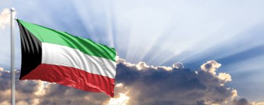 Kuveyt bayrağı mavi gökyüzü. 3D çizim