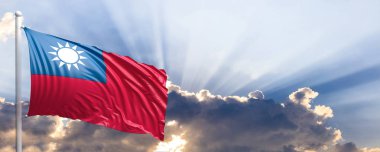 Tayvan bayrağı mavi gökyüzü. 3D çizim