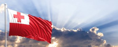 Tonga bayrağı mavi gökyüzü. 3D çizim