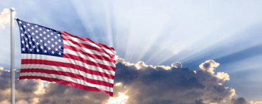 Amerika Birleşik Devletleri bayrağı mavi gökyüzü. 3D çizim