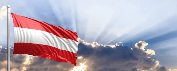 Flaga Austrii na błękitne niebo. ilustracja 3D — Zdjęcie stockowe