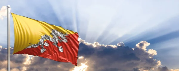 Bhutan Flagge auf blauem Himmel. 3D-Illustration — Stockfoto