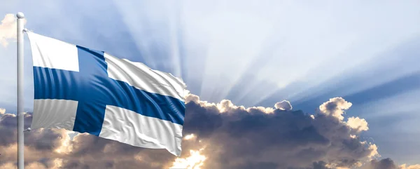 芬兰国旗在蔚蓝的天空。3d 图 — 图库照片