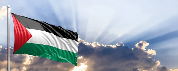 Bandiera Palestina su cielo blu. Illustrazione 3d — Foto Stock