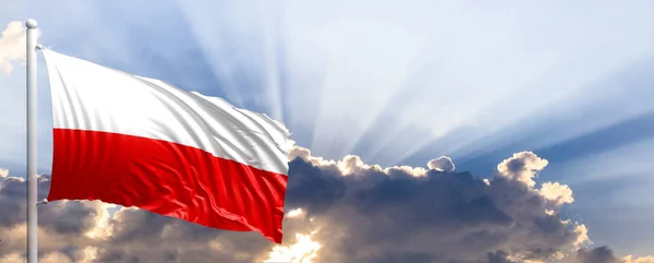 Polska flaga na błękitne niebo. ilustracja 3D — Zdjęcie stockowe