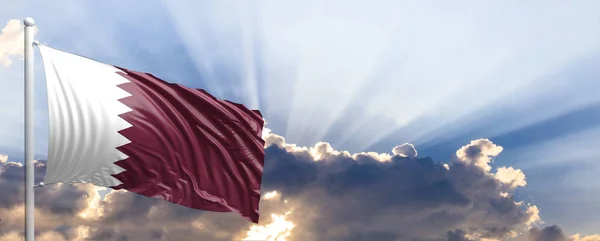 De vlag van Qatar op blauwe hemel. 3D illustratie — Stockfoto