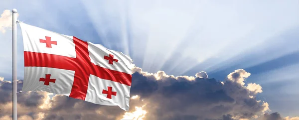 De vlag van Georgië op blauwe hemel. 3D illustratie — Stockfoto