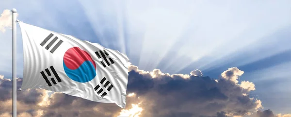 Bandeira da Coreia do Sul no céu azul. ilustração 3d — Fotografia de Stock