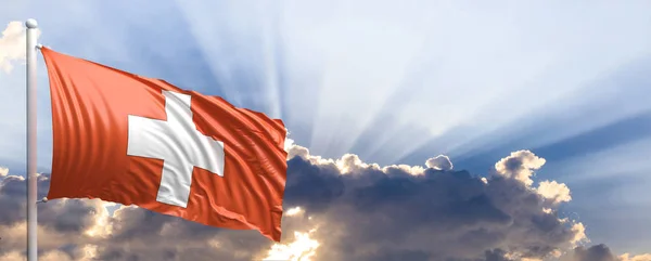 Flaga Szwajcarii na błękitne niebo. ilustracja 3D — Zdjęcie stockowe