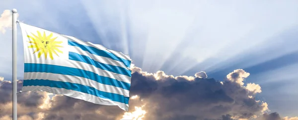 Flaga Urugwaju na błękitne niebo. ilustracja 3D — Zdjęcie stockowe