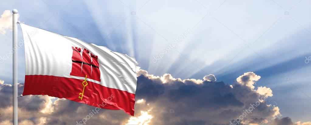Gibraltar flag on blue sky. 3d illustration