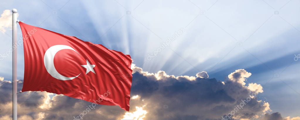 Turkey flag on blue sky. 3d illustration