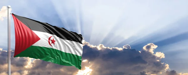 西撒哈拉国旗在蔚蓝的天空。3d 图 — 图库照片