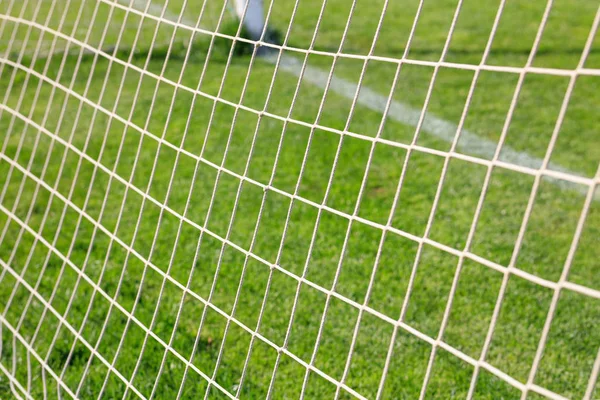 Soccer net on goal behind back view on field.