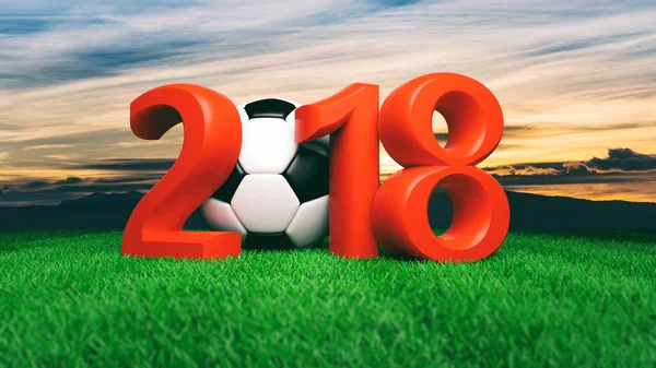 Anno nuovo 2018 con pallone da calcio su erba, sfondo cielo blu. Illustrazione 3d — Foto Stock