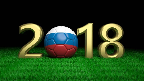 Nouvel an 2018 avec drapeau russe ballon de football sur herbe, fond noir. Illustration 3d — Photo