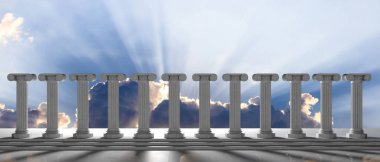 Mermer sütun satır ve mavi gökyüzü bulutlar arka plan üzerine bastı. 3D çizim