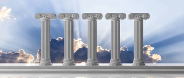 İslam veya Adalet ve mavi gökyüzü arka plan merdivenlerinde beş Mermer sütunlar. 3D çizim
