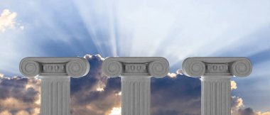 Sürdürülebilirlik kavramı. Üç mermer sütun üzerine mavi gökyüzü arka plan. 3D çizim