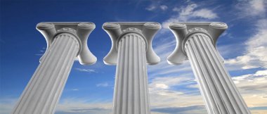 Sürdürülebilirlik kavramı. Üç mermer sütun üzerine mavi gökyüzü arka plan. 3D çizim