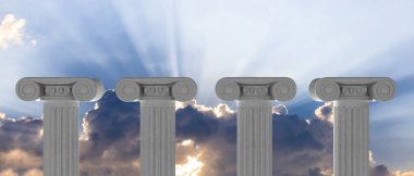 Eğitim ve demokrasi kavramı. Dört mermer sütun üzerine mavi gökyüzü arka plan. 3D çizim