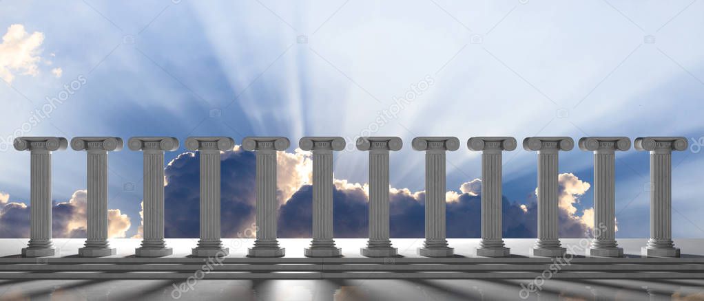 Marble pillars row and steps on blue sky with clouds background. 3d illustration