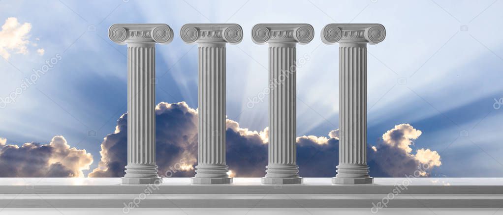 Education and democracy concept. Four marble pillars and steps on blue sky background. 3d illustration