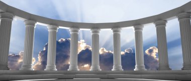 Marble pillars and steps on blue sky with clouds background. 3d illustration clipart