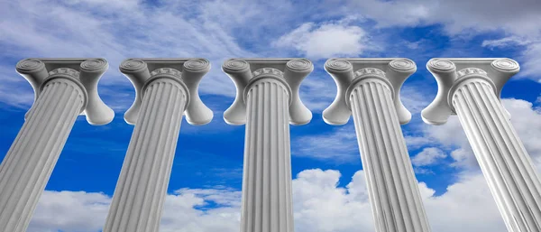 Five marble pillars of islam or justice and steps on blue sky background. 3d illustration