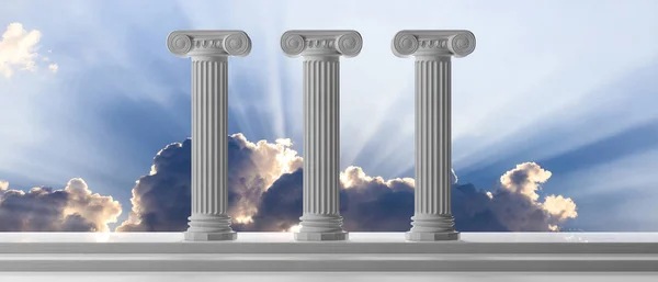 Concepto de sostenibilidad. Tres pilares de mármol y escalones sobre fondo azul del cielo. ilustración 3d —  Fotos de Stock