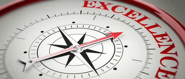 Excellence-koncept. Kompass röd pil som pekar på ordet excellens. 3D illustration — Stockfoto