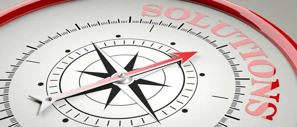 Lösning koncept. Kompass röd pil som pekar på word lösning. 3D illustration — Stockfoto
